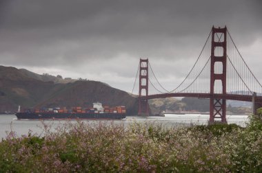 Golden Gate Köprüsü bahar bir yağmurlu gün geçiş kargo gemisi. Kaliforniya Kıyı iz Baker Sahili yukarıda Marnixkade kez izlendi. San Francisco, Kaliforniya, ABD.
