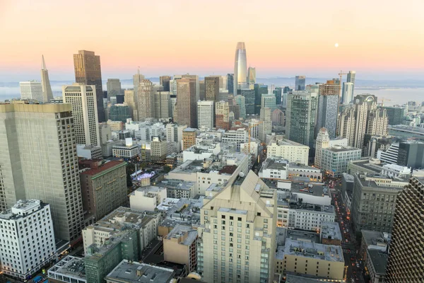 Tramonto Luna Sopra San Francisco Downtown Paesaggi Urbani San Francisco — Foto Stock