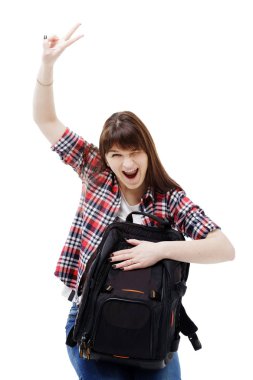 beyaz zemin üzerinde bir yolculuğa devam çanta kadınla