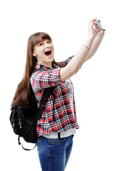 Happy smiling woman taking selfie photo on smartphone — Stock Photo, Image