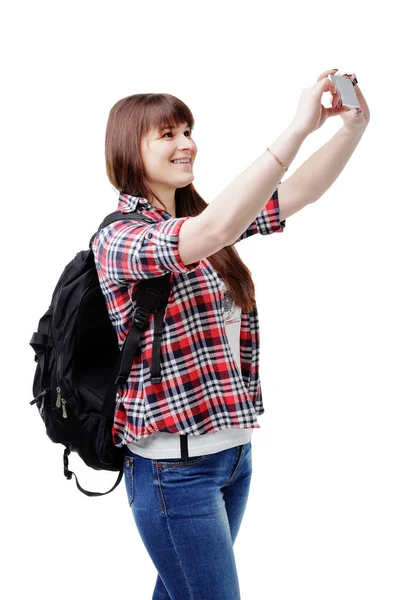 Feliz mujer sonriente tomando foto selfie en el teléfono inteligente — Foto de Stock