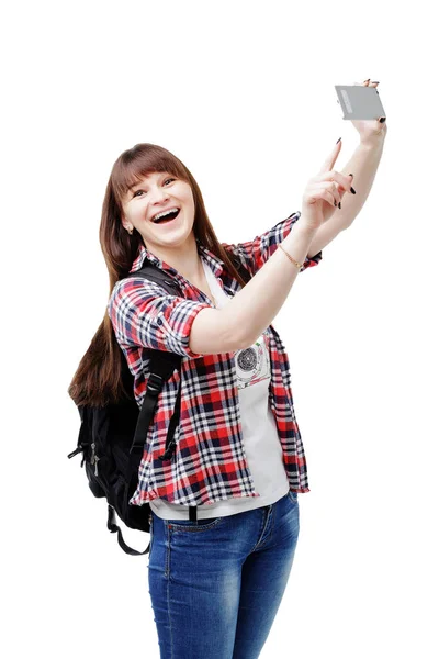 Happy smiling woman taking selfie photo on smartphone — Stock Photo, Image