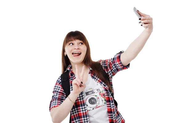 Ευτυχισμένη γυναίκα χαμογελαστή λήψη selfie φωτογραφία σε smartphone — Φωτογραφία Αρχείου