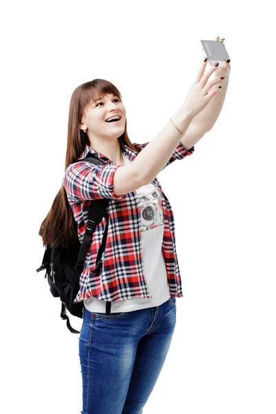 Szczęśliwy uśmiechający się kobiety zdjęcie selfie na smartphone — Zdjęcie stockowe
