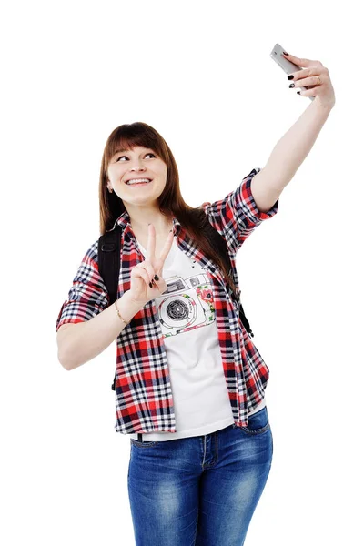 Happy smiling woman taking selfie photo on smartphone — Stock Photo, Image