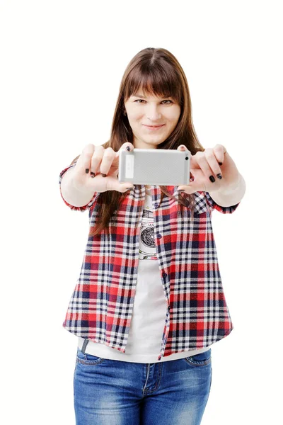 Happy smiling woman taking selfie photo on smartphone — Stock Photo, Image