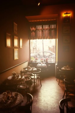 Bir boş kafe ya da Restoran iç. Ahşap masa ve sandalyesi ve kahverengi Cafe salonunda büyük bir pencere