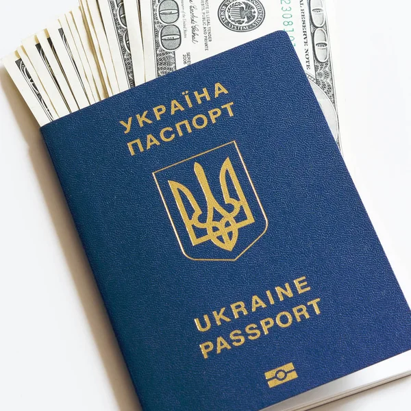 Beyaz bir arka plan üzerinde para ile Ukrayna'nın biyometrik pasaport.