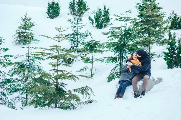 Çift birlikte karlı ormanda yürüyüş gülümseyen