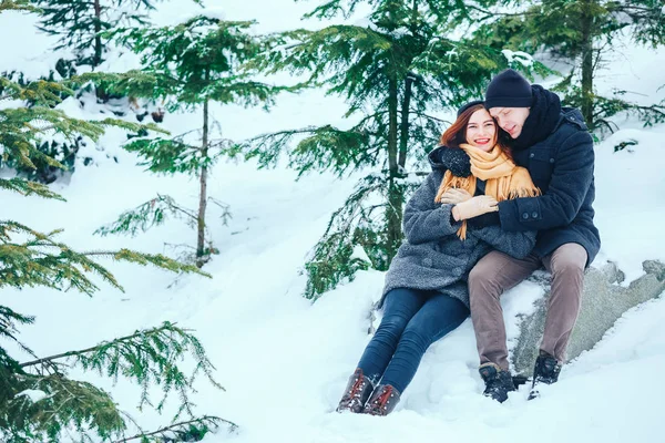 Çift birlikte karlı ormanda yürüyüş gülümseyen