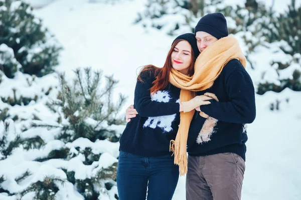 Sorrindo casal andando em bosques nevados juntos — Fotografia de Stock