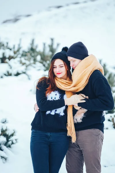 Çift birlikte karlı ormanda yürüyüş gülümseyen