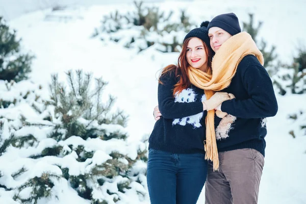 Çift birlikte karlı ormanda yürüyüş gülümseyen