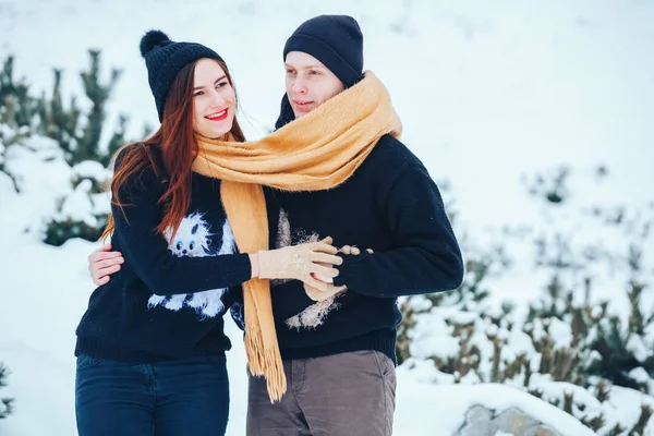 Sorrindo casal andando em bosques nevados juntos — Fotografia de Stock