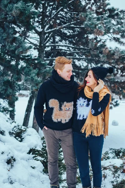 O tipo e a rapariga descansam no bosque de Inverno. Marido e mulher na neve. Jovem casal caminhando no parque de inverno. — Fotografia de Stock