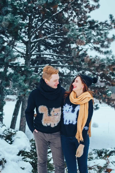 O tipo e a rapariga descansam no bosque de Inverno. Marido e mulher na neve. Jovem casal caminhando no parque de inverno. — Fotografia de Stock