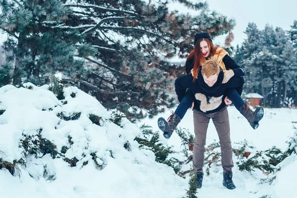 Adam ve kız kış ormanlarında dinleniyorlar. Karda karı-koca. Genç bir çift kış parkında yürüyor..