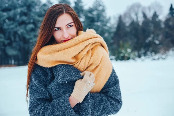 bir kış orman içinde kırmızı bir fular olan Kızıl saçlı kadın