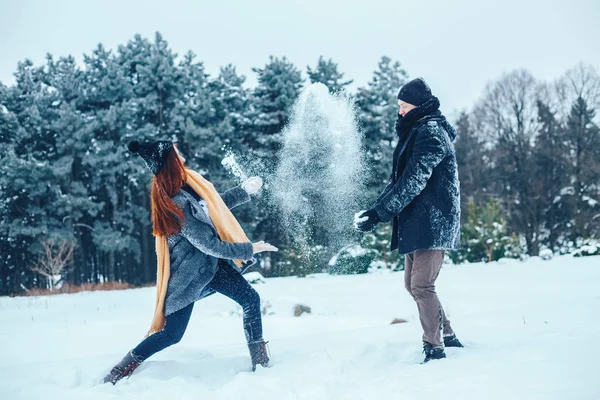 Adam ve kız kış ormanlarında dinleniyorlar. Karda karı-koca. Genç bir çift kış parkında yürüyor..