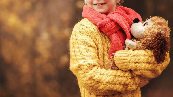Malá holčička drží hodně měkké hračky psa v rukou. Dívka na pozadí podzimního lesa a trávy. — Stock fotografie