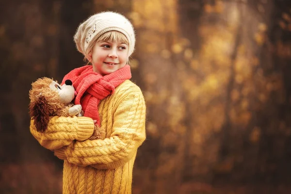 Маленька дівчинка тримає багато м'яких іграшок у руках. Дівчина на фоні осіннього лісу і трави . — стокове фото