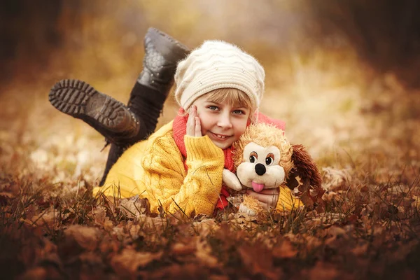 Egy kislány egy sárga pulóvert egy kockás, a háttérben egy őszi erdőben egy plüss kutya — Stock Fotó
