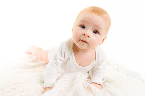 Bebê Adorável Isolado White Pequeno Bebê Meses Idade Está Cobertor — Fotografia de Stock