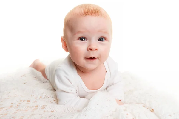 Adorable Baby Isolated White Small Month Old Baby Lies Soft — Stock Photo, Image