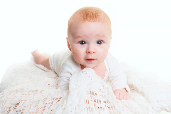 Adorable Baby Isolated White Small Month Old Baby Lies Soft — Stock Photo, Image