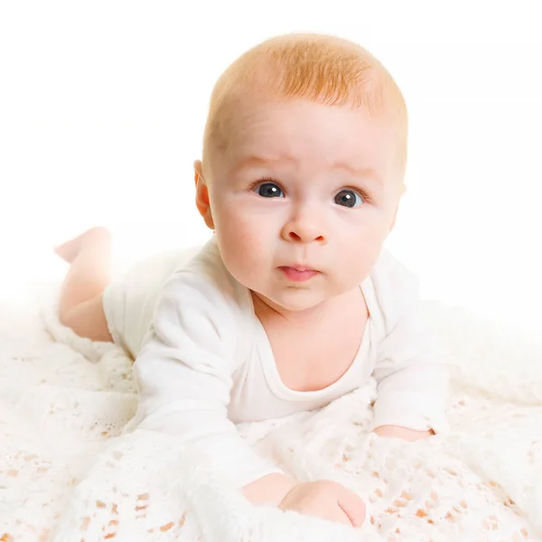 Adorable Baby Isolated White Small Month Old Baby Lies Soft — Stock Photo, Image