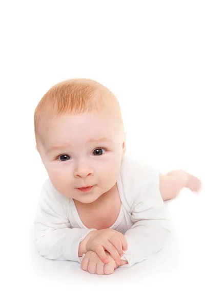 Small Month Old Baby Lying White Surface Looking Camera Adorable — Stock Photo, Image