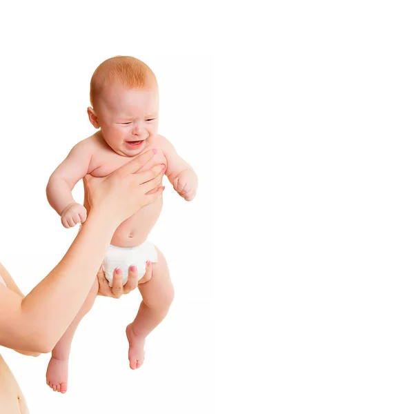 Kleines Baby Mamas Händen Auf Weißem Hintergrund Neugeborenes Weint Weißer — Stockfoto