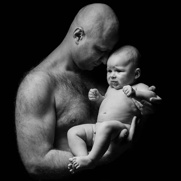 Vader Houdt Een Pasgeboren Zoon Zijn Armen Kale Man Met — Stockfoto