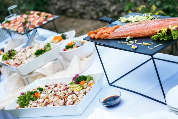 Outdoor Banquet Table Many Snacks Delicacies — Stock Photo, Image