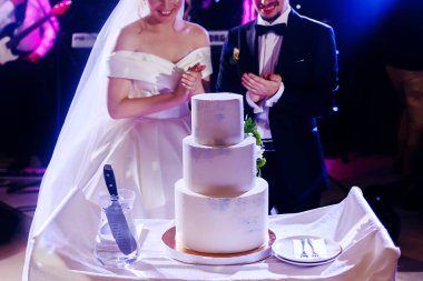 Gelin ve damadın önünde düğün pastası. Yeni evliler koridordaki düğün pastasını alkışlıyor..