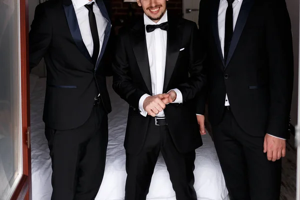 Three Men Black Suits Groom His Two Friends Wedding Morning — Stock Photo, Image