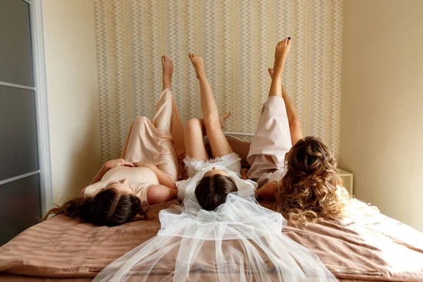 Three Young Women Lying Bed Legs Women Sleeping Robe Lying — Stock Photo, Image