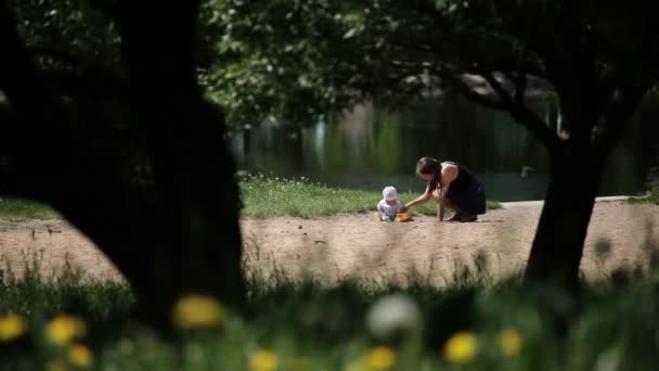 幸せな母と湖のビーチで遊ぶ女の子の赤ん坊 タンポポで草を撮影します 女の赤ちゃん生後 水の背景 — ストック動画