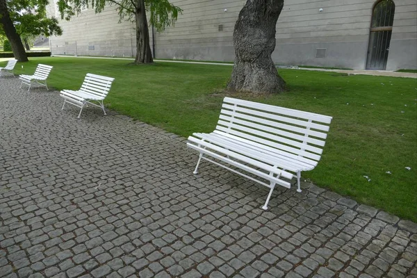 Line of empty white benches in the park — Stock Photo, Image