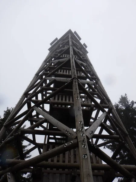 Dřevěná lokout rozhledna na vrcholu Boubín v České republice — Stock fotografie