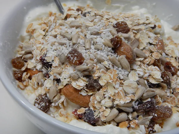 Mixed otas and seeds with yogurt — Stock Photo, Image