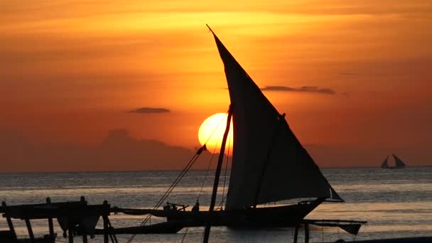 Abend Mit Einem Segelboot Einem Romantischen Bunten Sonnenuntergang — Stockvideo