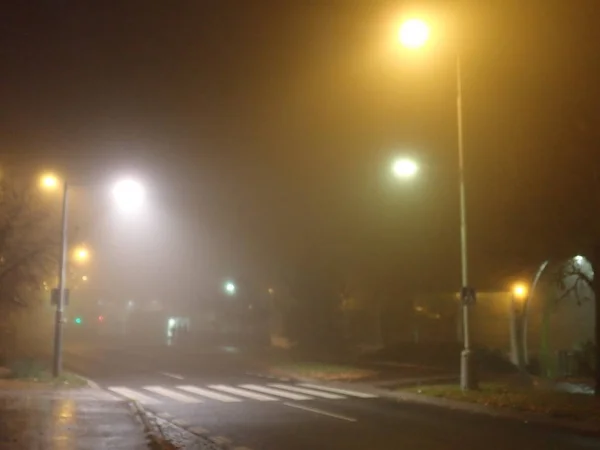 Misteriosa Strada Notturna Nebbiosa Con Albero Luce — Foto Stock