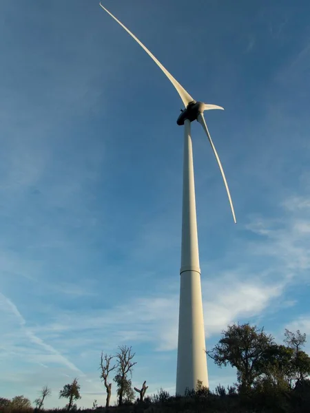 Висока вітрова електростанція на пагорбі — стокове фото