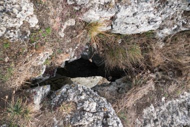 Czech karst doğal parkındaki kireçtaşı mağarasına giriş.