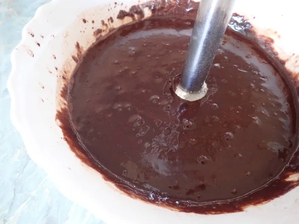 Processo Preparação Caseira Bolo Chocolate Doce Cozinha — Fotografia de Stock