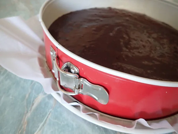 Process För Hemlagad Tillagning Söt Chokladkaka Köket — Stockfoto