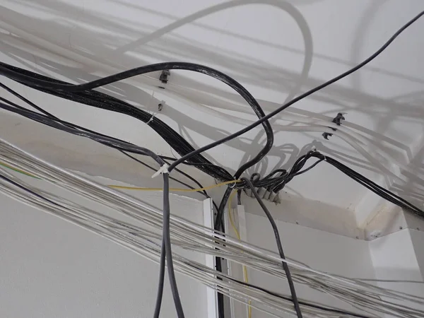 Desorden Cables Organizados Sitio Construcción Interior — Foto de Stock