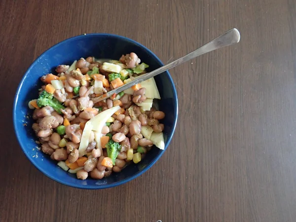 Blue Serving Bowl Beans Vegetable Salad Cheese — Stock Photo, Image