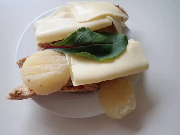 Pão Refeição Leve Fasty Simples Com Queijo Servido Prato — Fotografia de Stock